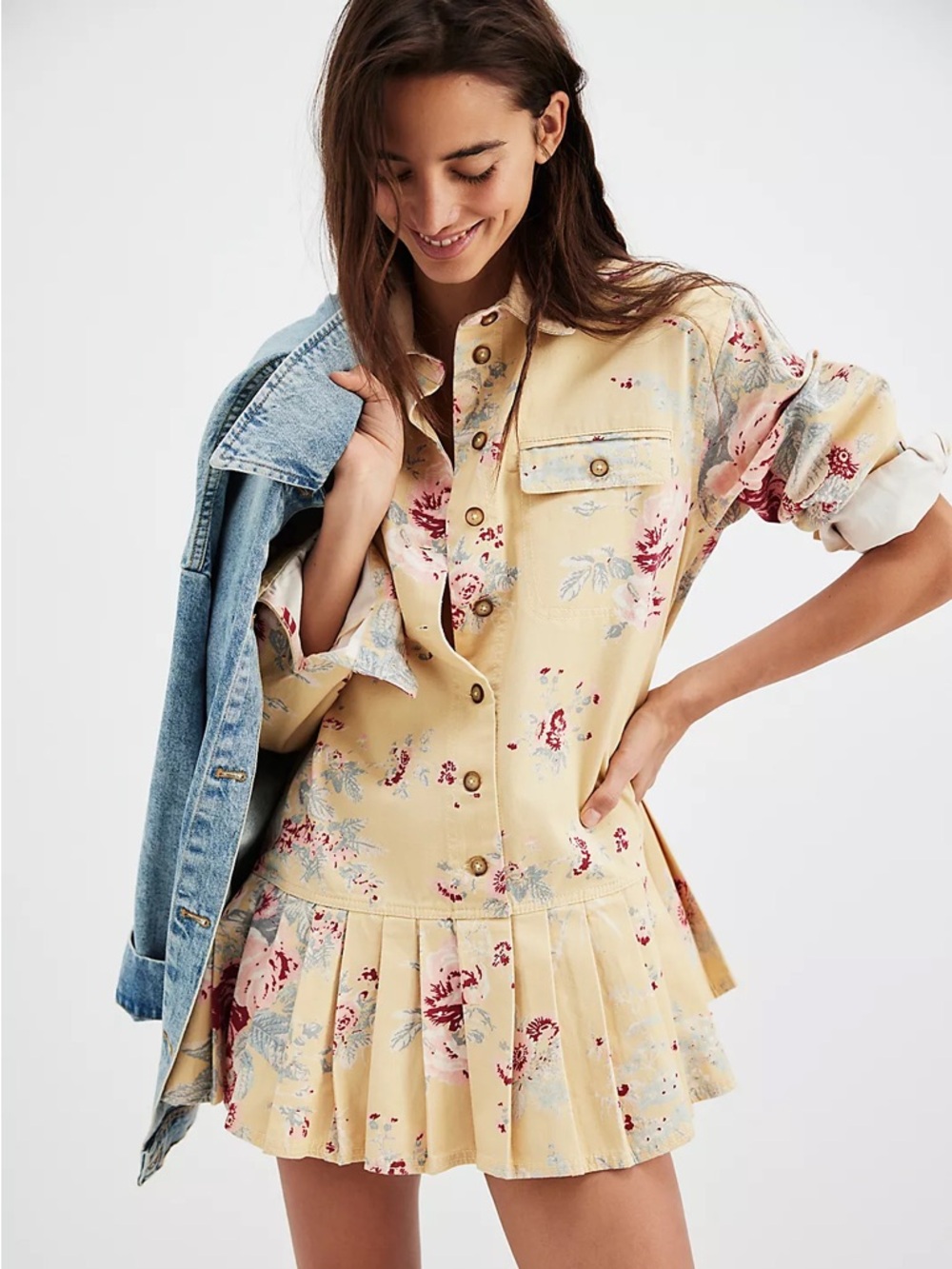 NWOT Free People Connor Printed Mini Dress in Yellow Combo